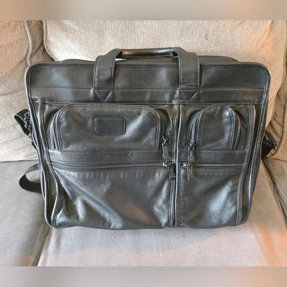 Tumi Black Leather Expandable Laptop Bag - Picture 1 of 13